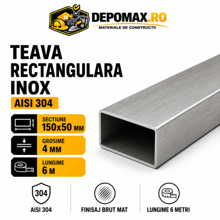 Teava rectangulara inox AISI 304, 150 x 50 x 4 mm, 6 metri